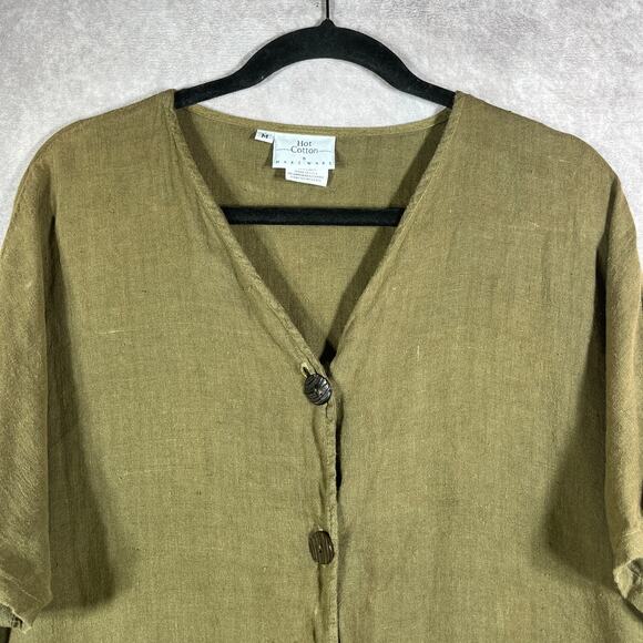 Hot Cotton Blouse Womens Medium Green Linen Button Front Minimalist Lagenlook - Picture 2 of 9